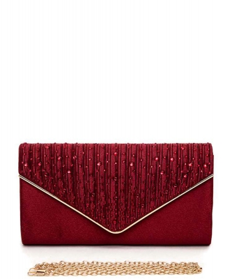 Crystal Pave Pleated Satin Clutch Bag 136-21036 BURGUNDY